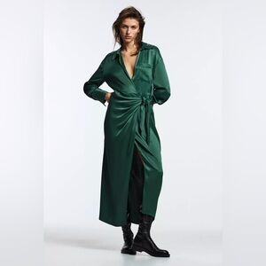 ZARA LIMITED EDITION SHIRT DRESS SZ XS VISCOSE GREEN TRUE WRAP MIDI LONG SLEEVE